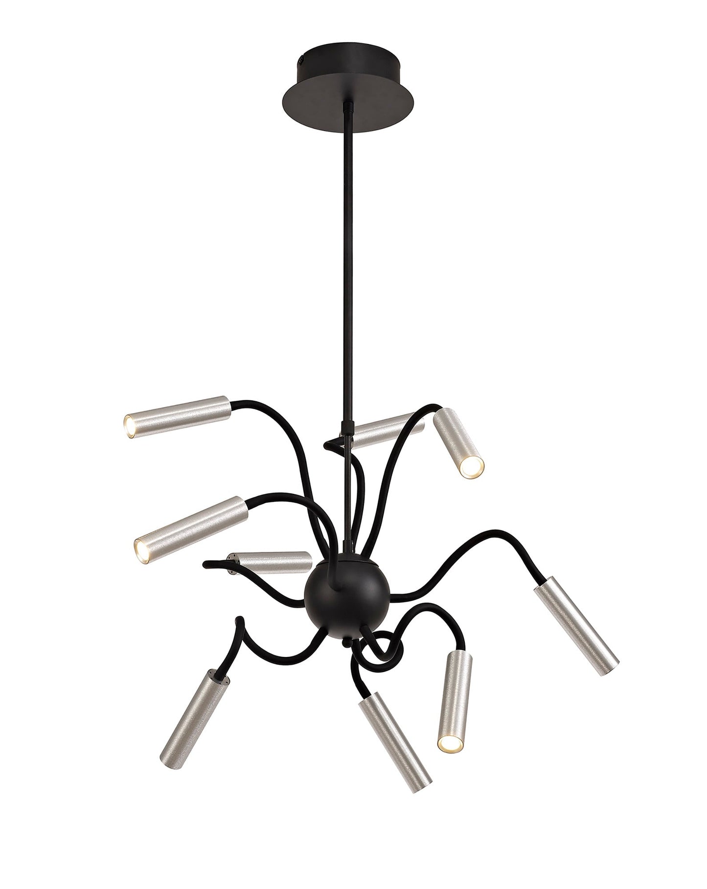 Clifton Sputnik Pendant, 9 Light Adjustable Arms, 9 x 4W LED Dimmable, 3000K, 2250lm, Black and Aluminium, 3yrs Warranty