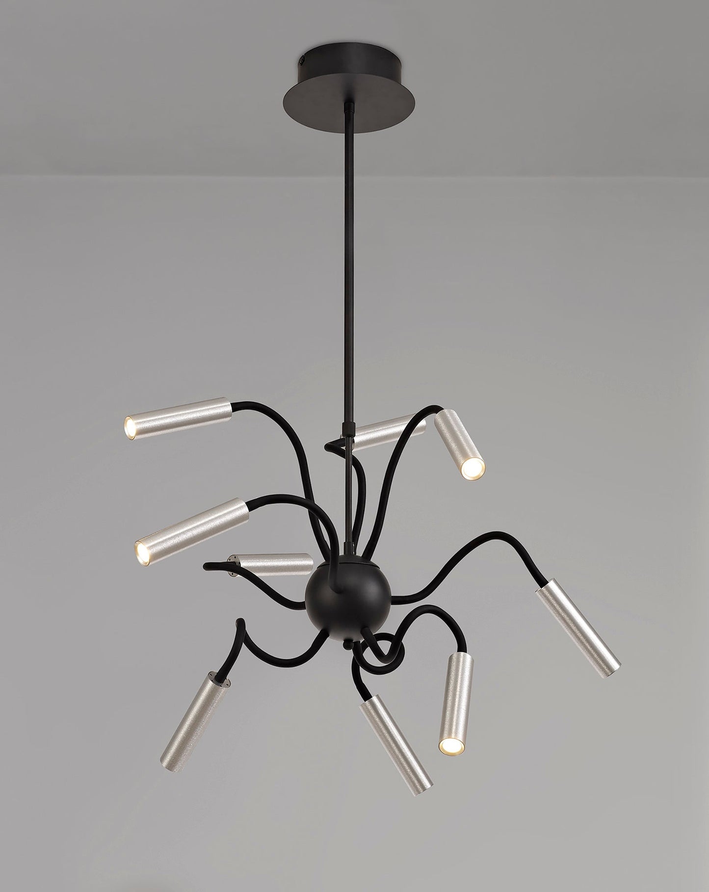 Clifton Sputnik Pendant, 9 Light Adjustable Arms, 9 x 4W LED Dimmable, 3000K, 2250lm, Black and Aluminium, 3yrs Warranty