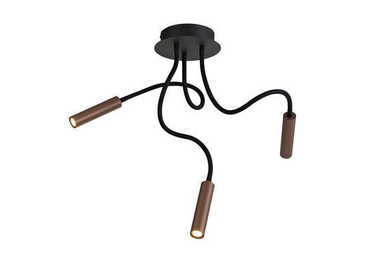 Clifton Ceiling, 3 Light Adjustable Arms, 3 x 5W LED Dimmable, 3000K, 930lm, Black and Satin Copper, 3yrs Warranty