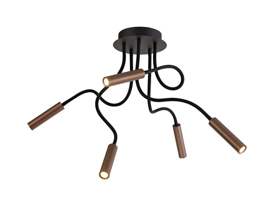 Clifton Ceiling, 5 Light Adjustable Arms, 5 x 5W LED Dimmable, 3000K, 1550lm, Black and Satin Copper, 3yrs Warranty