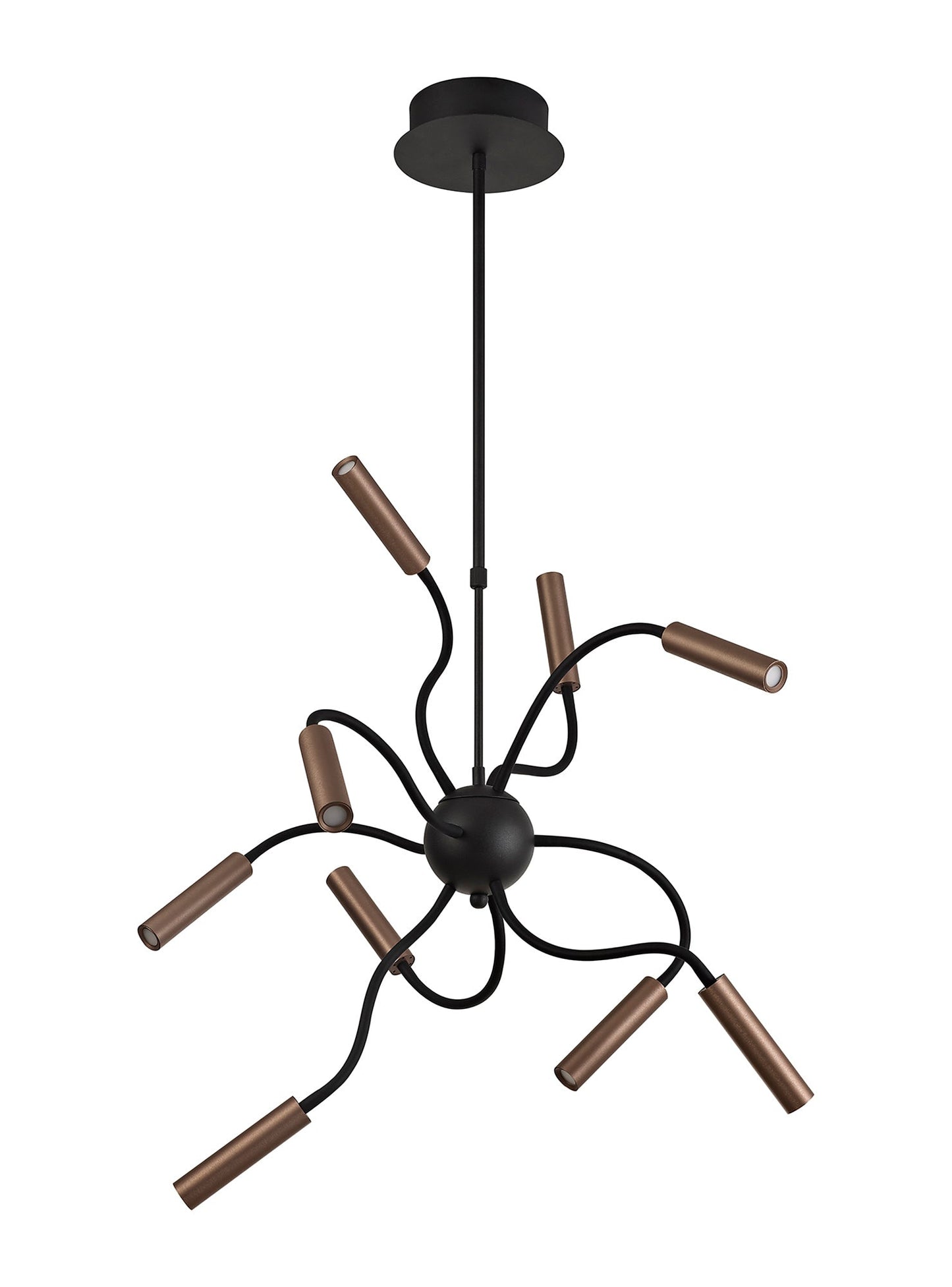 Clifton Sputnik Pendant, 9 Light Adjustable Arms, 9 x 4W LED Dimmable, 3000K, 2250lm, Black and Satin Copper, 3yrs Warranty