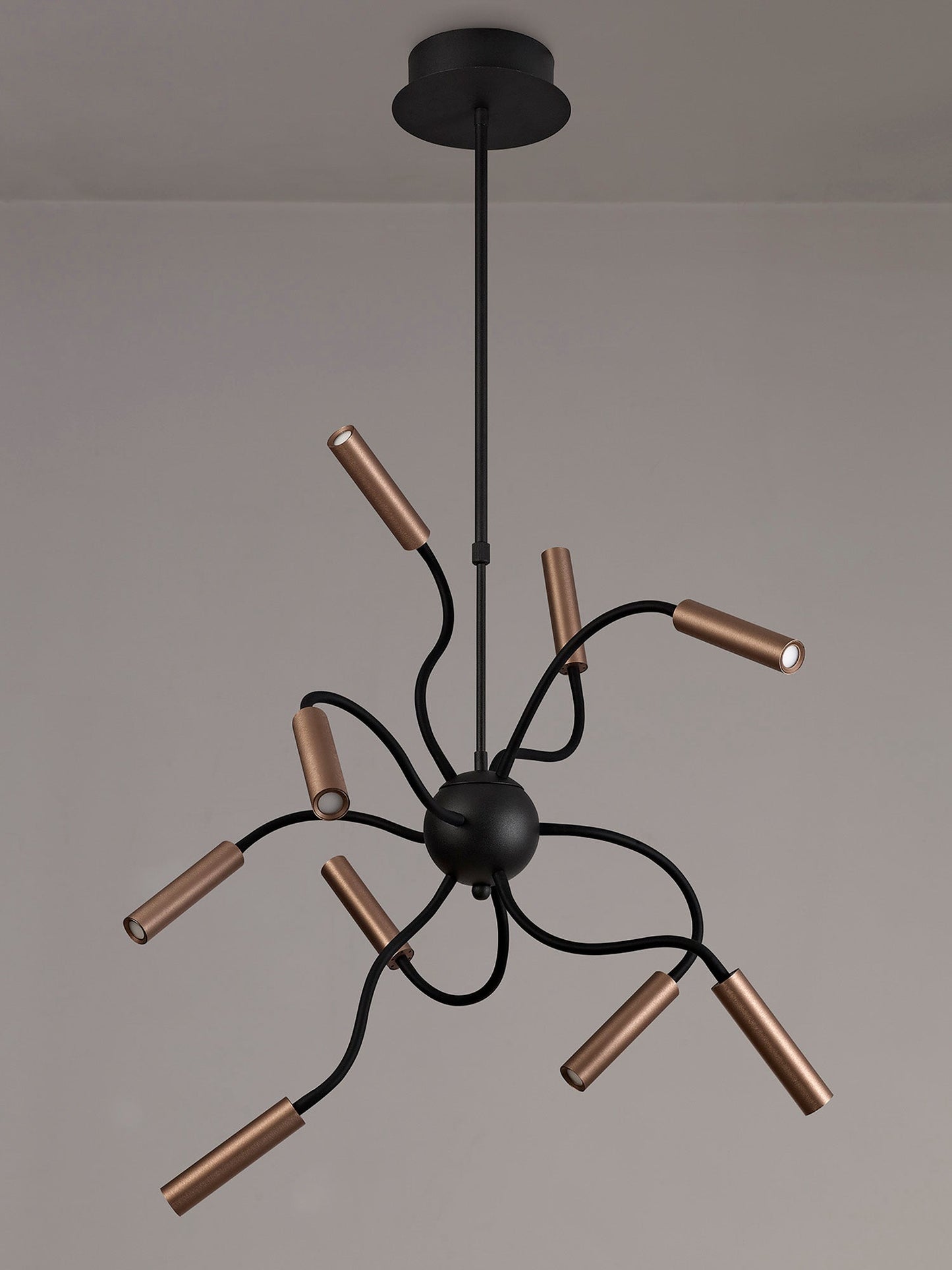 Clifton Sputnik Pendant, 9 Light Adjustable Arms, 9 x 4W LED Dimmable, 3000K, 2250lm, Black and Satin Copper, 3yrs Warranty