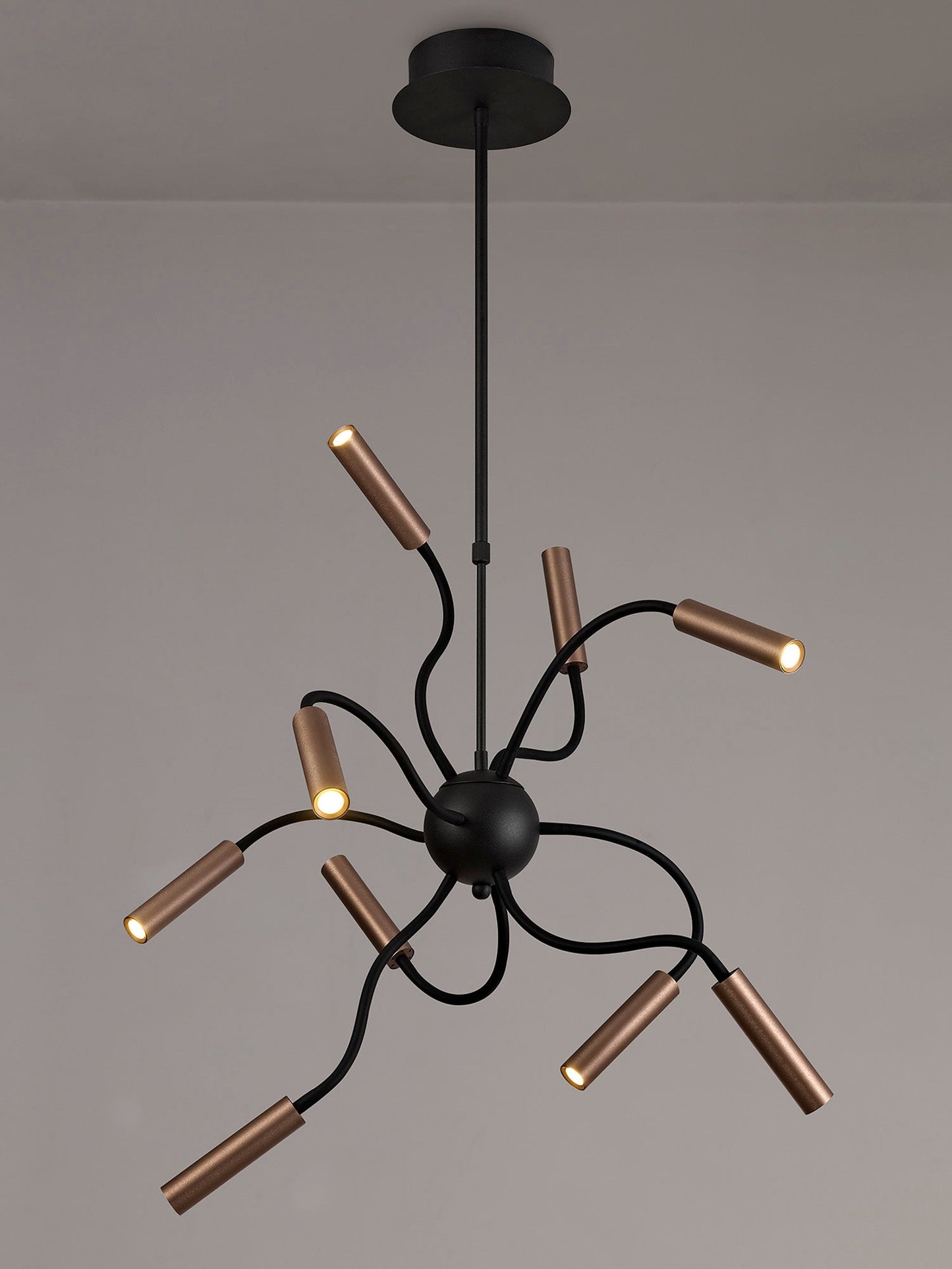 Clifton Sputnik Pendant, 9 Light Adjustable Arms, 9 x 4W LED Dimmable, 3000K, 2250lm, Black and Satin Copper, 3yrs Warranty