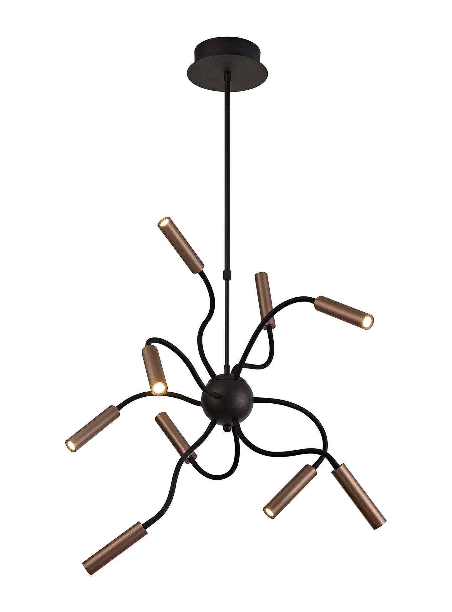 Clifton Sputnik Pendant, 9 Light Adjustable Arms, 9 x 4W LED Dimmable, 3000K, 2250lm, Black and Satin Copper, 3yrs Warranty