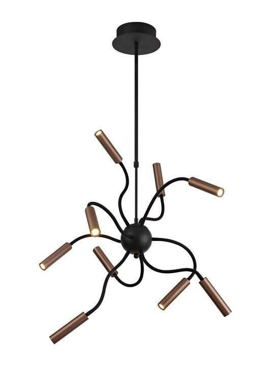 Clifton Sputnik Pendant, 9 Light Adjustable Arms, 9 x 4W LED Dimmable, 3000K, 2250lm, Black and Satin Copper, 3yrs Warranty