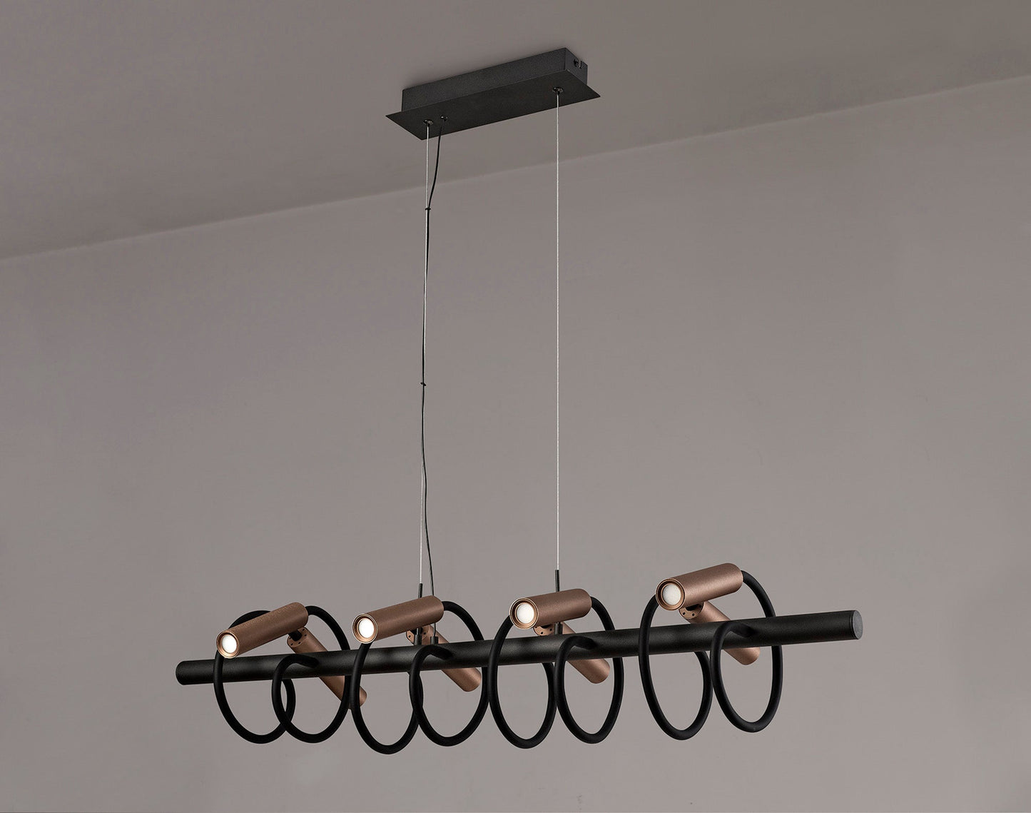 Clifton Linear Pendant, 8 Light Adjustable Arms, 8 x 4W LED Dimmable, 3000K, 2000lm, Black and Satin Copper, 3yrs Warranty