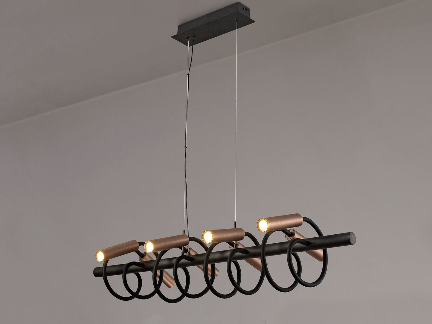 Clifton Linear Pendant, 8 Light Adjustable Arms, 8 x 4W LED Dimmable, 3000K, 2000lm, Black and Satin Copper, 3yrs Warranty