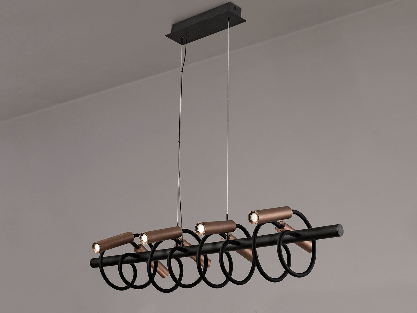 Clifton Linear Pendant, 8 Light Adjustable Arms, 8 x 4W LED Dimmable, 3000K, 2000lm, Black and Satin Copper, 3yrs Warranty