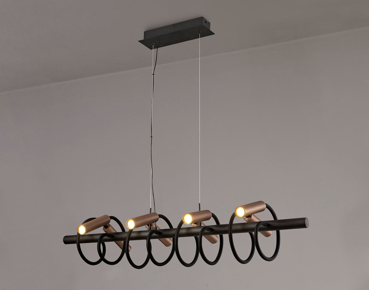 Clifton Linear Pendant, 8 Light Adjustable Arms, 8 x 4W LED Dimmable, 3000K, 2000lm, Black and Satin Copper, 3yrs Warranty