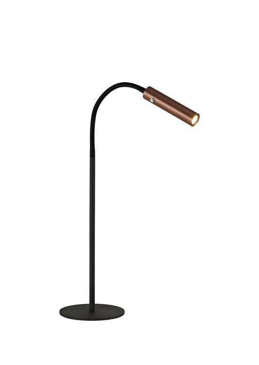 Clifton Table Lamp, 1 Light Adjustable Switched, 1 x 7W LED, 3000K, 436lm, Black and Satin Copper, 3yrs Warranty