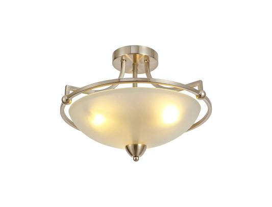 Davey Semi-Flush Ceiling, 3 Light E27, Satin Nickel and Frosted Glass
