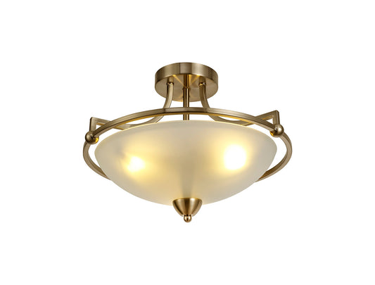 Davey Semi-Flush Ceiling, 3 Light E27, Antique Brass and Frosted Glass