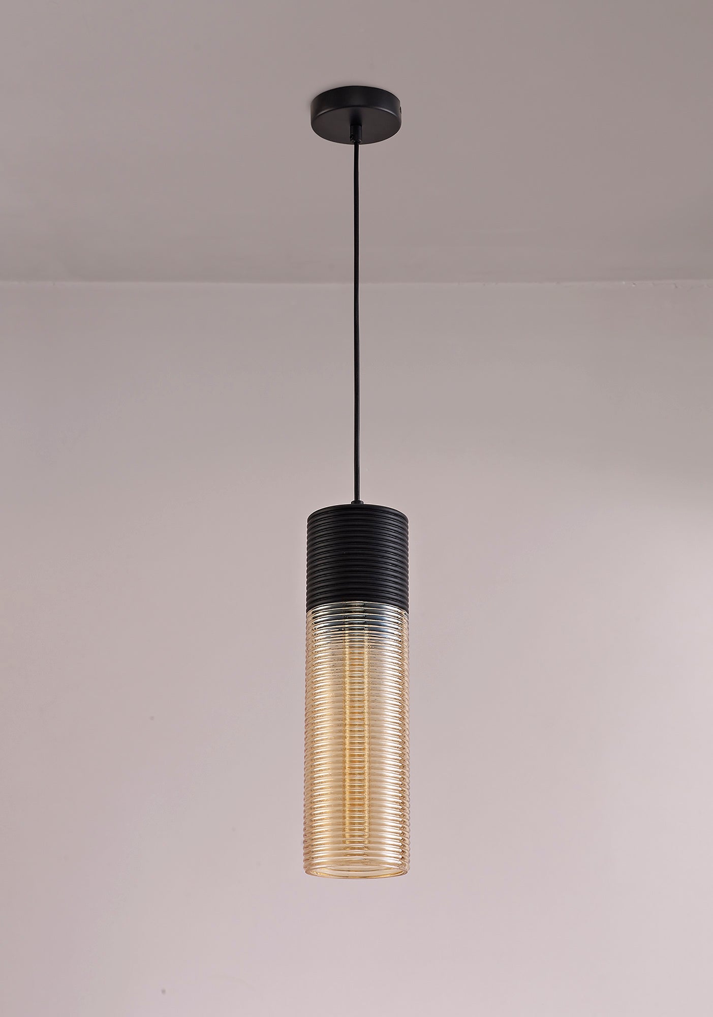 Didsbury Single Tube Pendant 1 Light E27, Black and Amber Glass