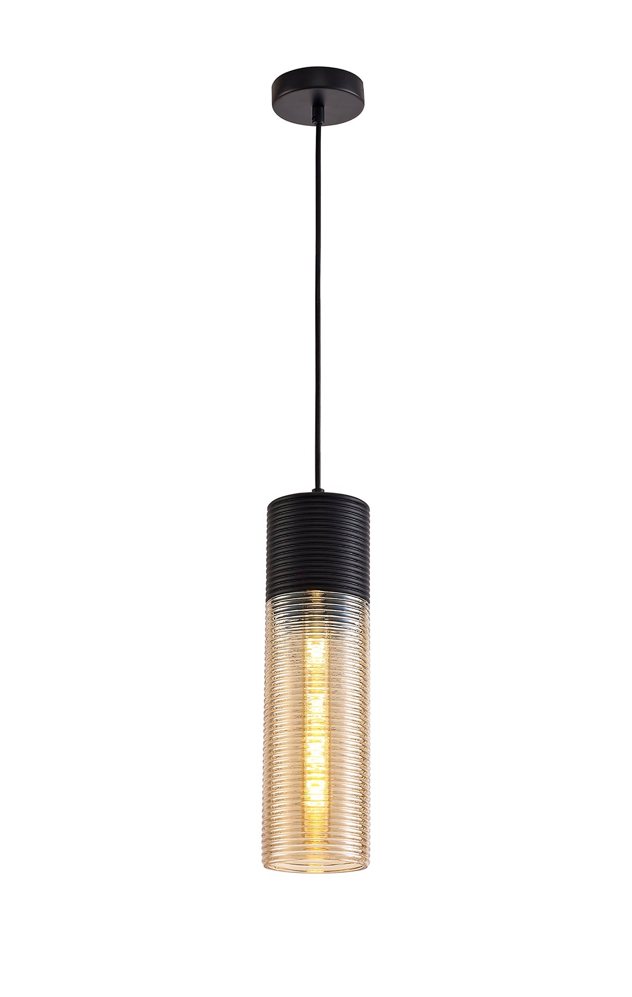 Didsbury Single Tube Pendant 1 Light E27, Black and Amber Glass