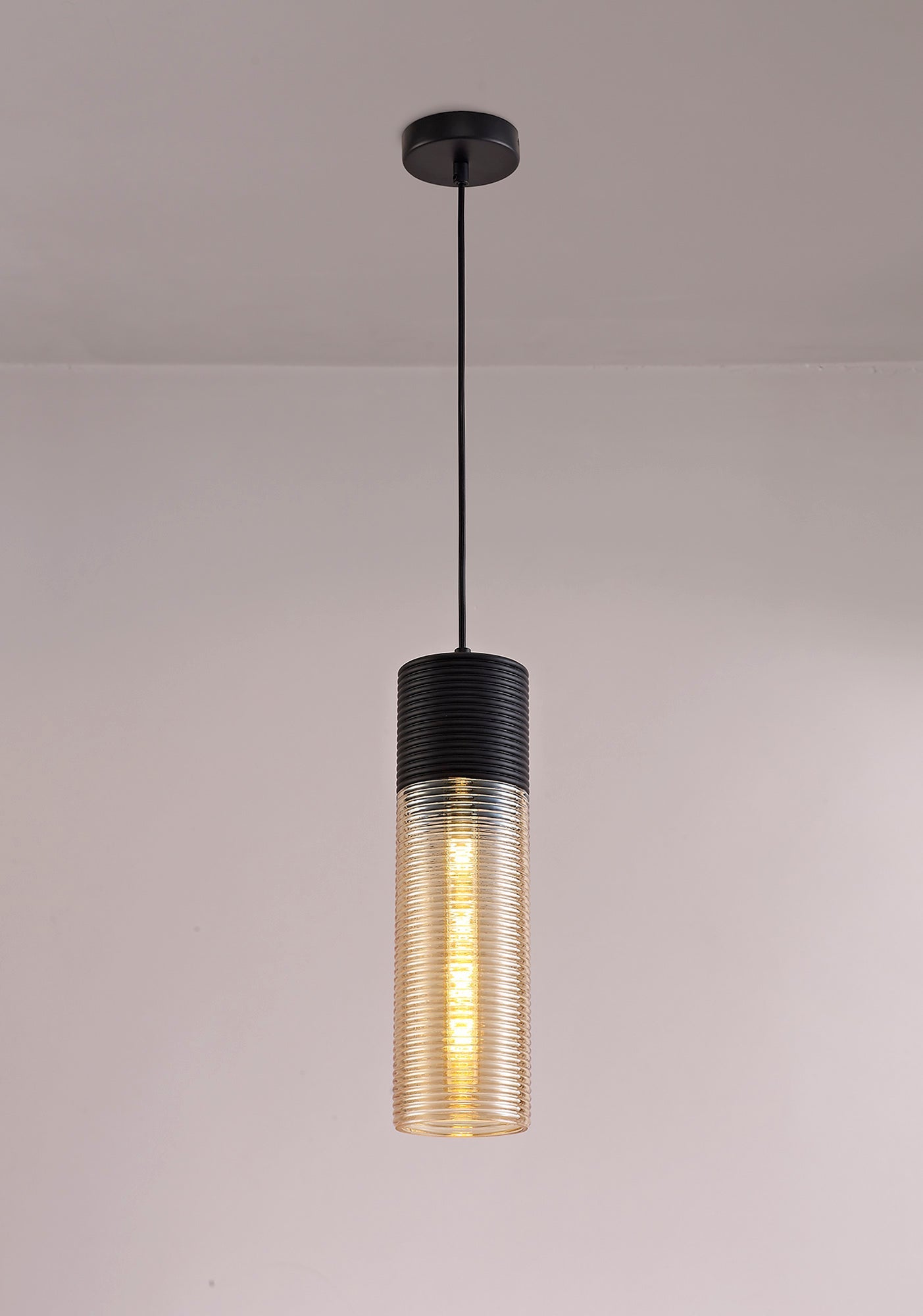 Didsbury Single Tube Pendant 1 Light E27, Black and Amber Glass
