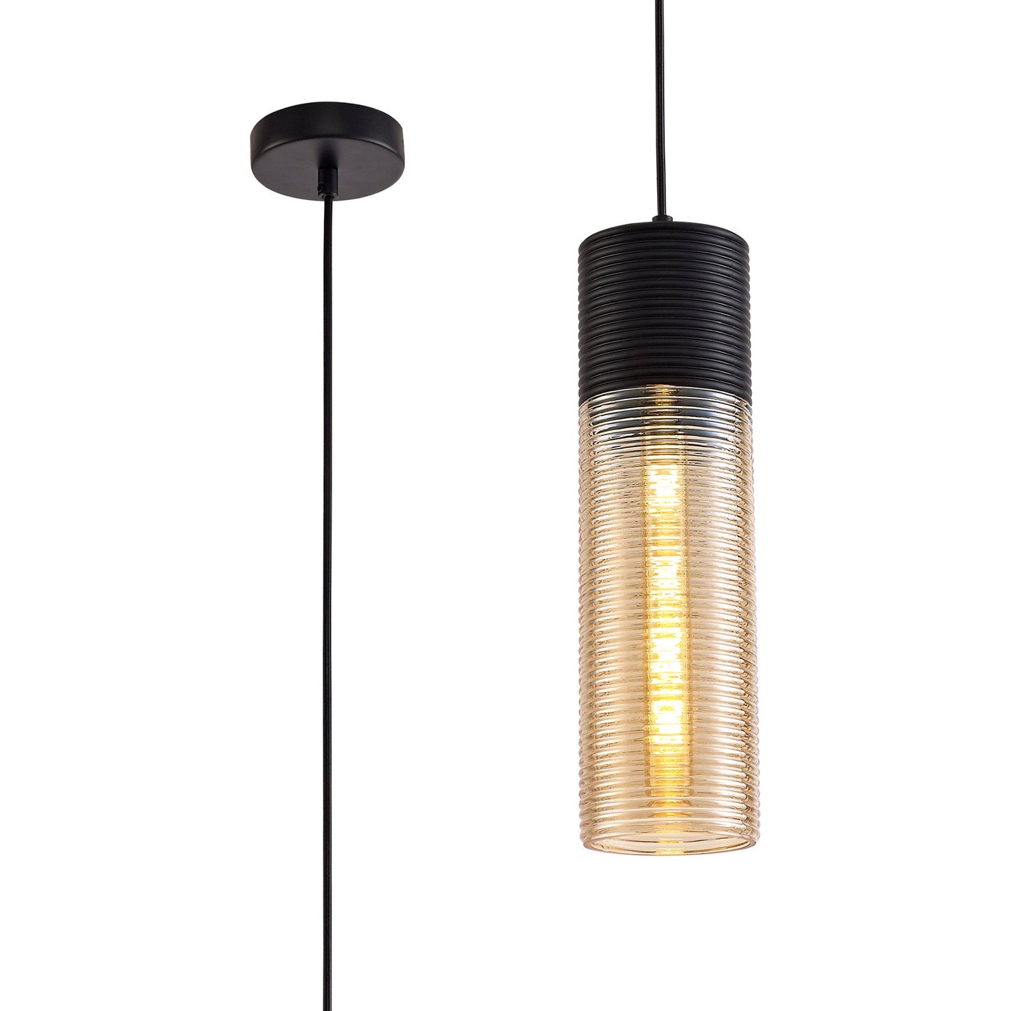 Didsbury Single Tube Pendant 1 Light E27, Black and Amber Glass