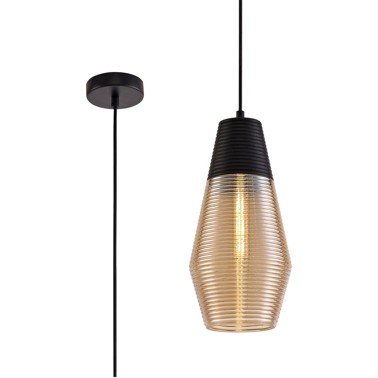 Didsbury Single Cone Pendant 1 Light E27, Black and Amber Glass