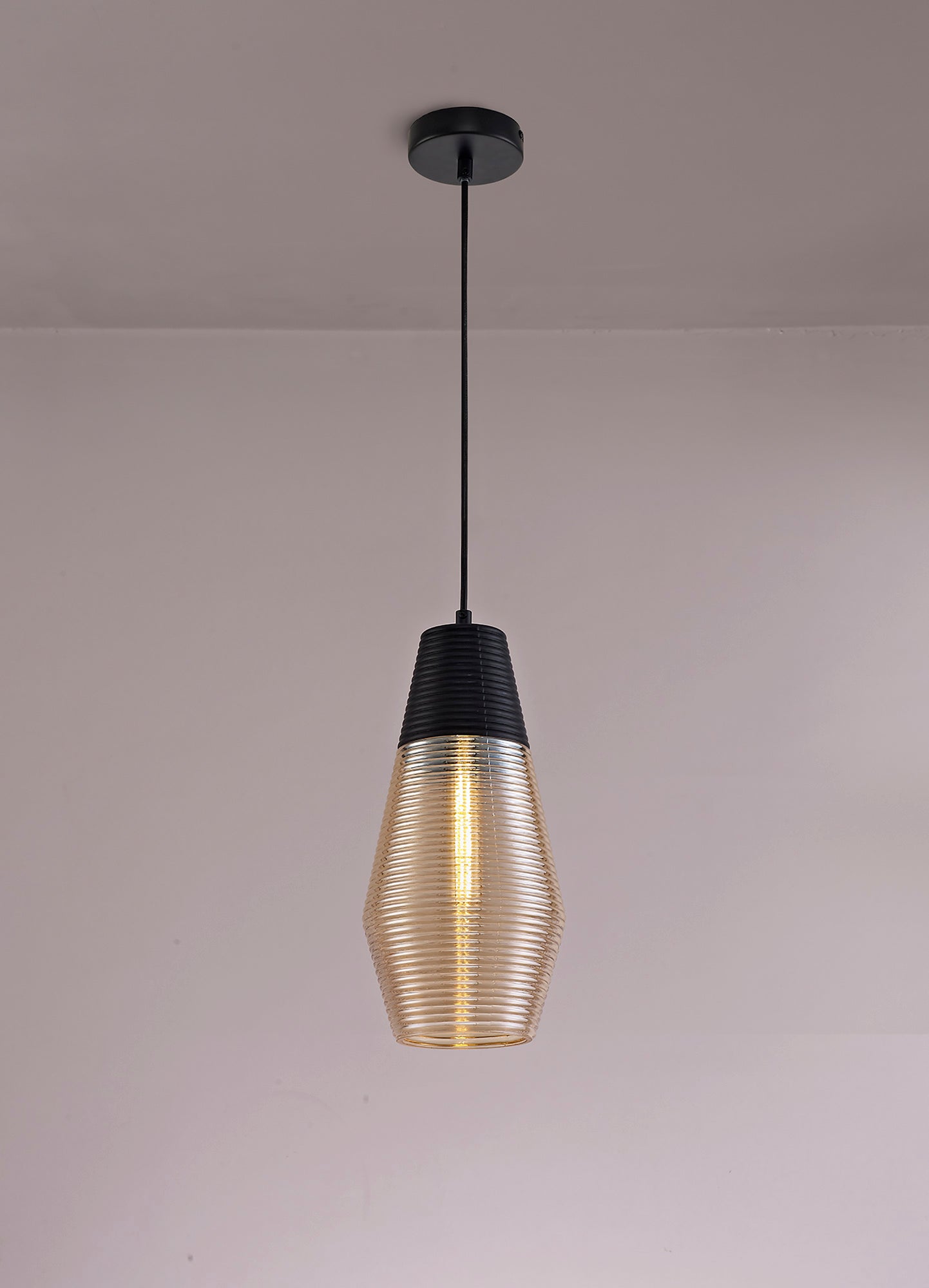 Didsbury Single Cone Pendant 1 Light E27, Black and Amber Glass