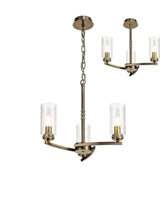 Disley Pendant and Semi Ceiling, 3 x E14, Antique Brass