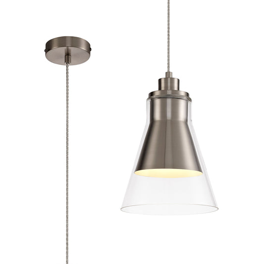 Gatley Pendant, 1 x E27, Satin Nickel and Clear Glass