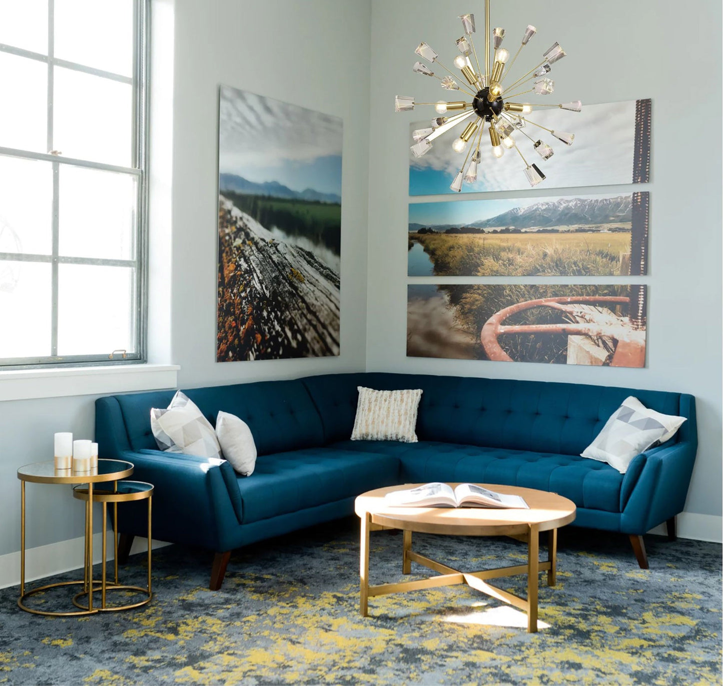 Knutsford Pendant Sputnik, 9 Light E14, Brushed Gold & Gloss Black and Crystal