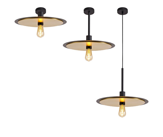 Lydiat Single 3 In1 Ceiling Flush, Semi-Fush & Pendant Light, 1 Light Adjustable E27, Black and Gold