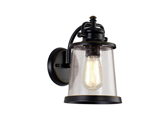 Macc Wall Lamp, 1 x E27, Black and Gold With Seeded Clear Glass, IP54, 2yrs Warranty