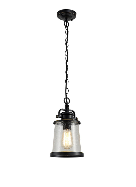 Macc Pendant, 1 x E27, Black and Gold With Seeded Clear Glass, IP54, 2yrs Warranty