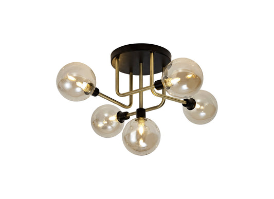 Marple Flush Ceiling, 5 Light G9, Matt Black and Antique Brass and Cognac Glass