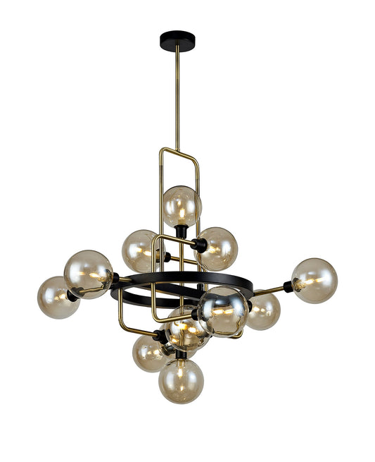 Marple Fixed Pendant, 12 Light G9, Matt Black and Antique Brass and Cognac Glass