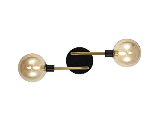 Marple Wall Lamp, 2 Light G9, Matt Black and Antique Brass and Cognac Glass