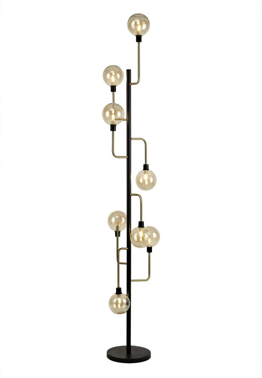 Marple Floor Lamp, 8 Light G9, Matt Black and Antique Brass and Cognac Glass