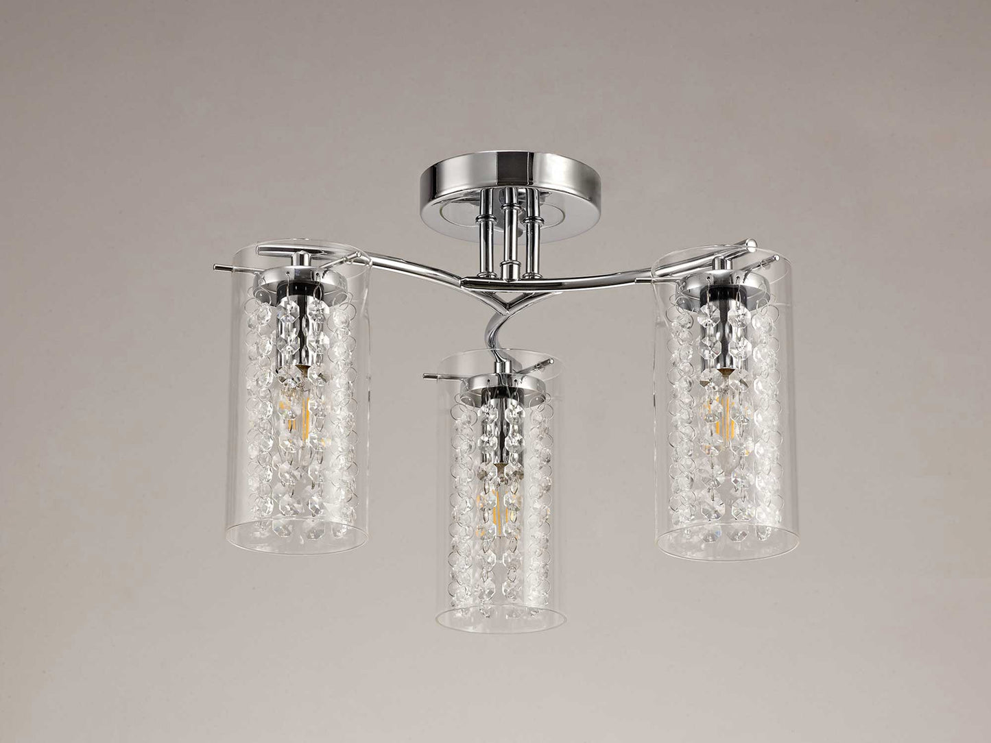 Marthall Semi Ceiling Light, 3 x E14, Polished Chrome and Crystal and Glass