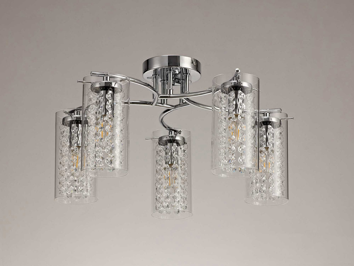 Marthall Semi Ceiling Light, 5 x E14, Polished Chrome and Crystal and Glass