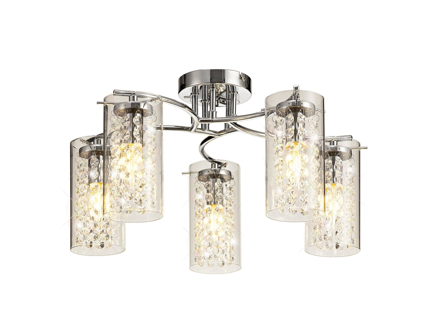 Marthall Semi Ceiling Light, 5 x E14, Polished Chrome and Crystal and Glass