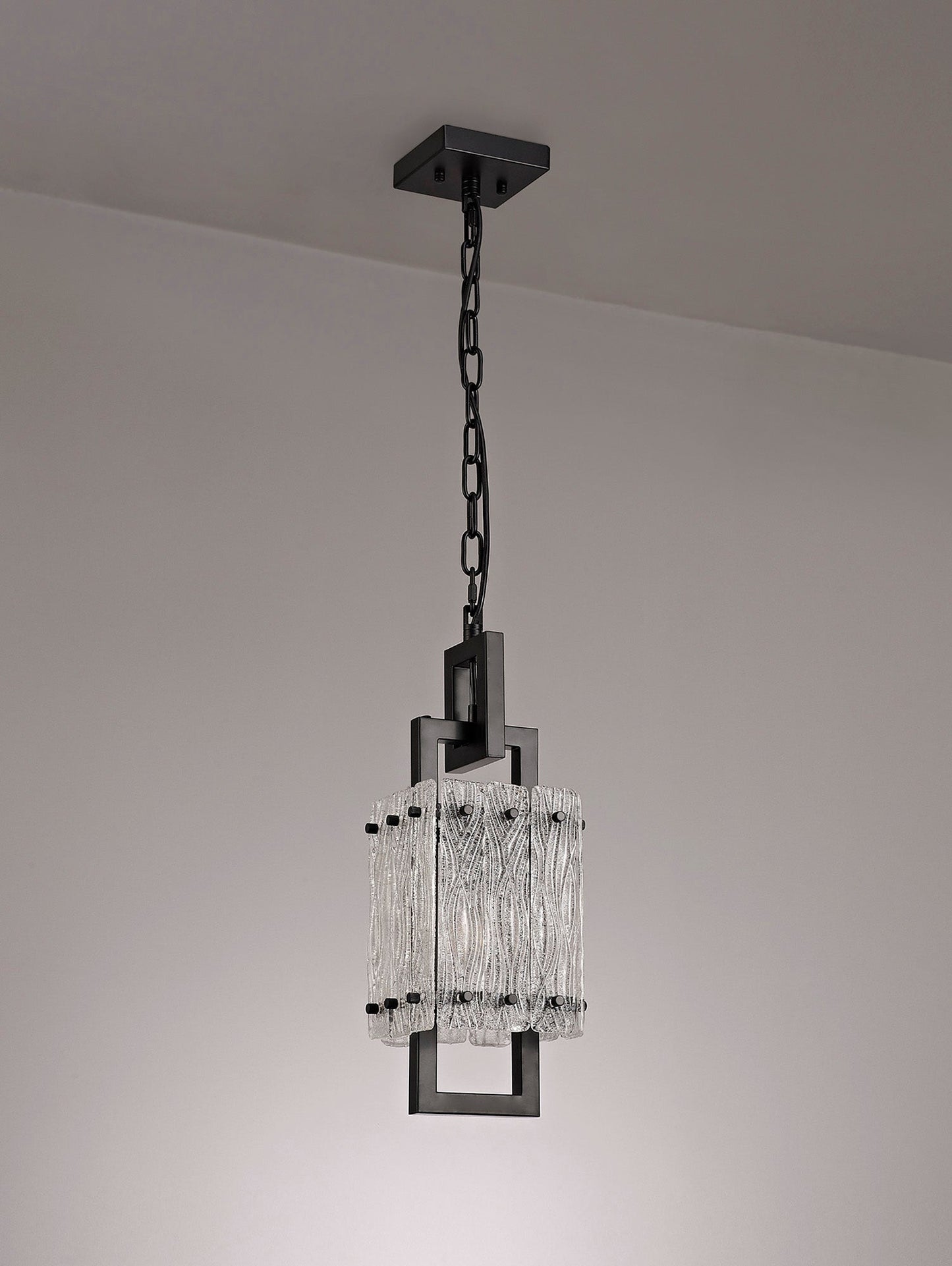 Mobberley Small Square Pendant, 1 Light E27, Matt Black and Crystal Sand Glass