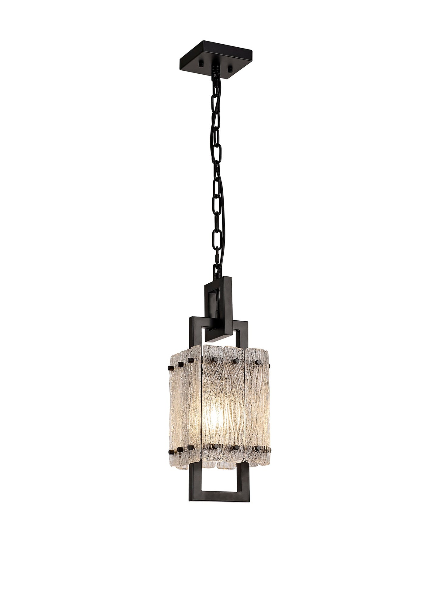 Mobberley Small Square Pendant, 1 Light E27, Matt Black and Crystal Sand Glass