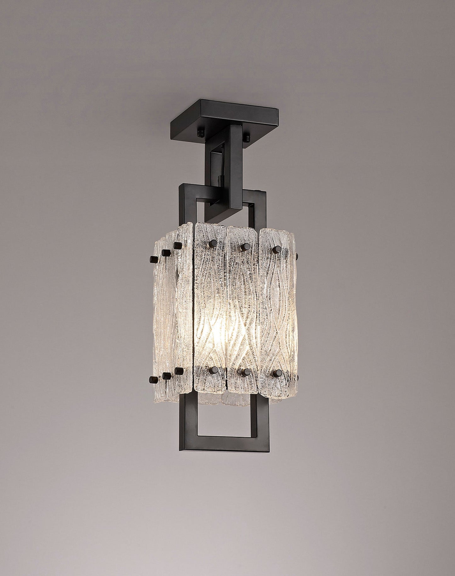 Mobberley Small Square Pendant, 1 Light E27, Matt Black and Crystal Sand Glass