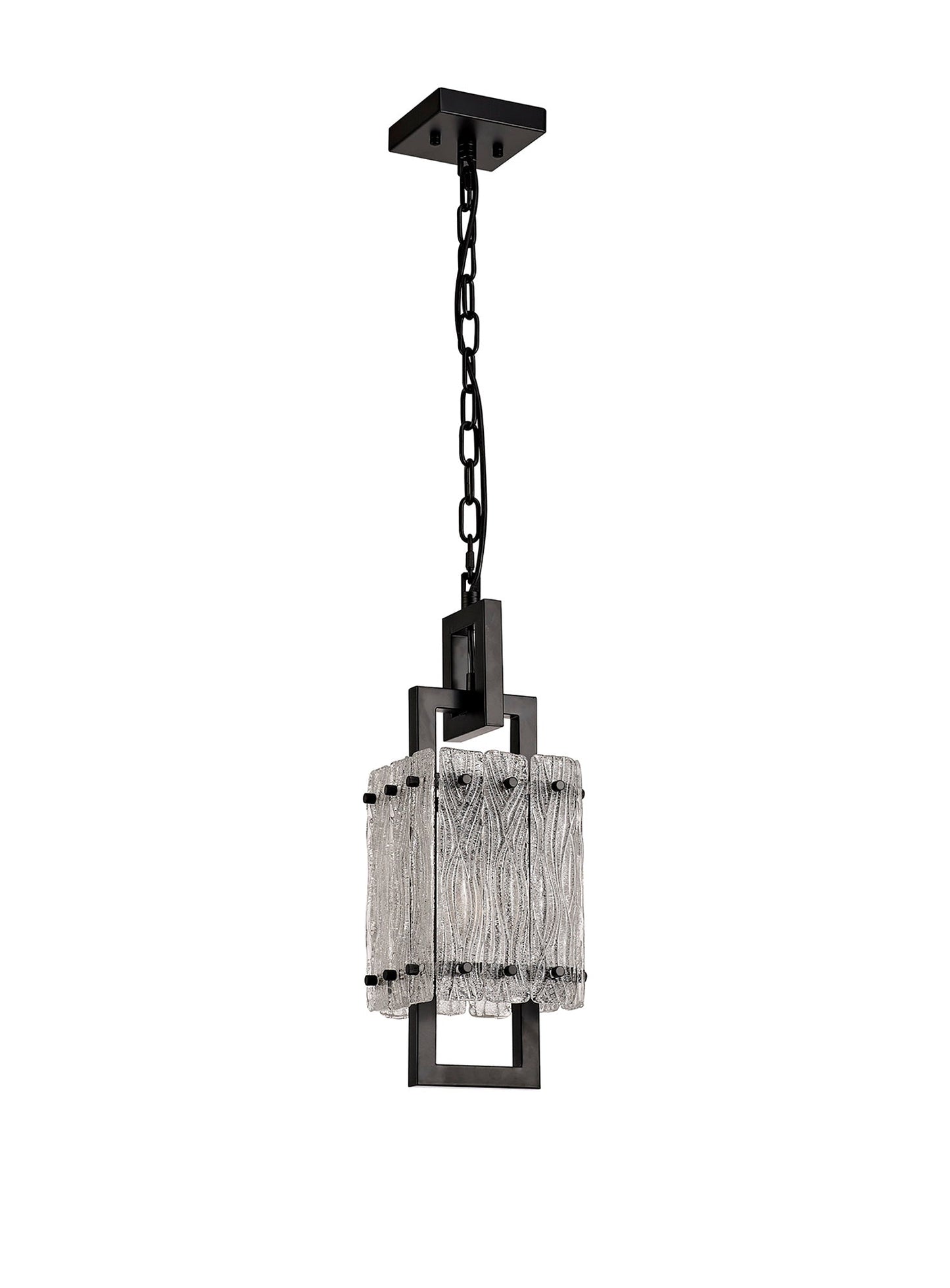 Mobberley Small Square Pendant, 1 Light E27, Matt Black and Crystal Sand Glass