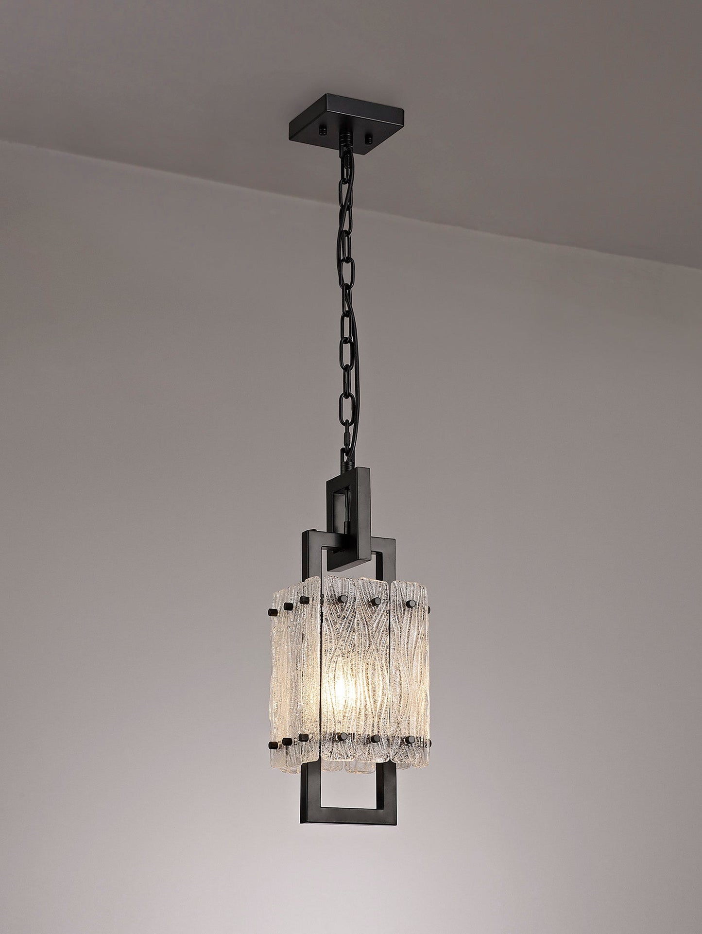 Mobberley Small Square Pendant, 1 Light E27, Matt Black and Crystal Sand Glass