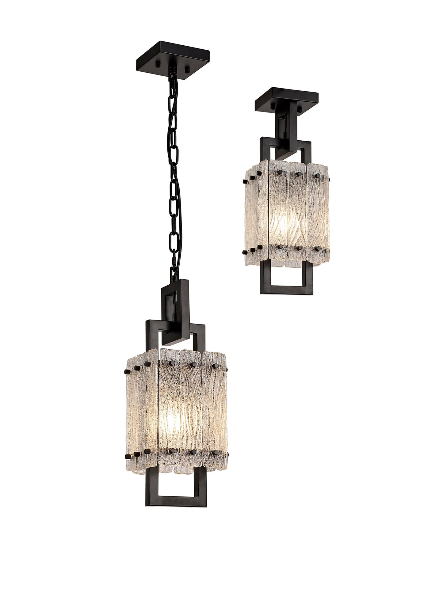 Mobberley Small Square Pendant, 1 Light E27, Matt Black and Crystal Sand Glass