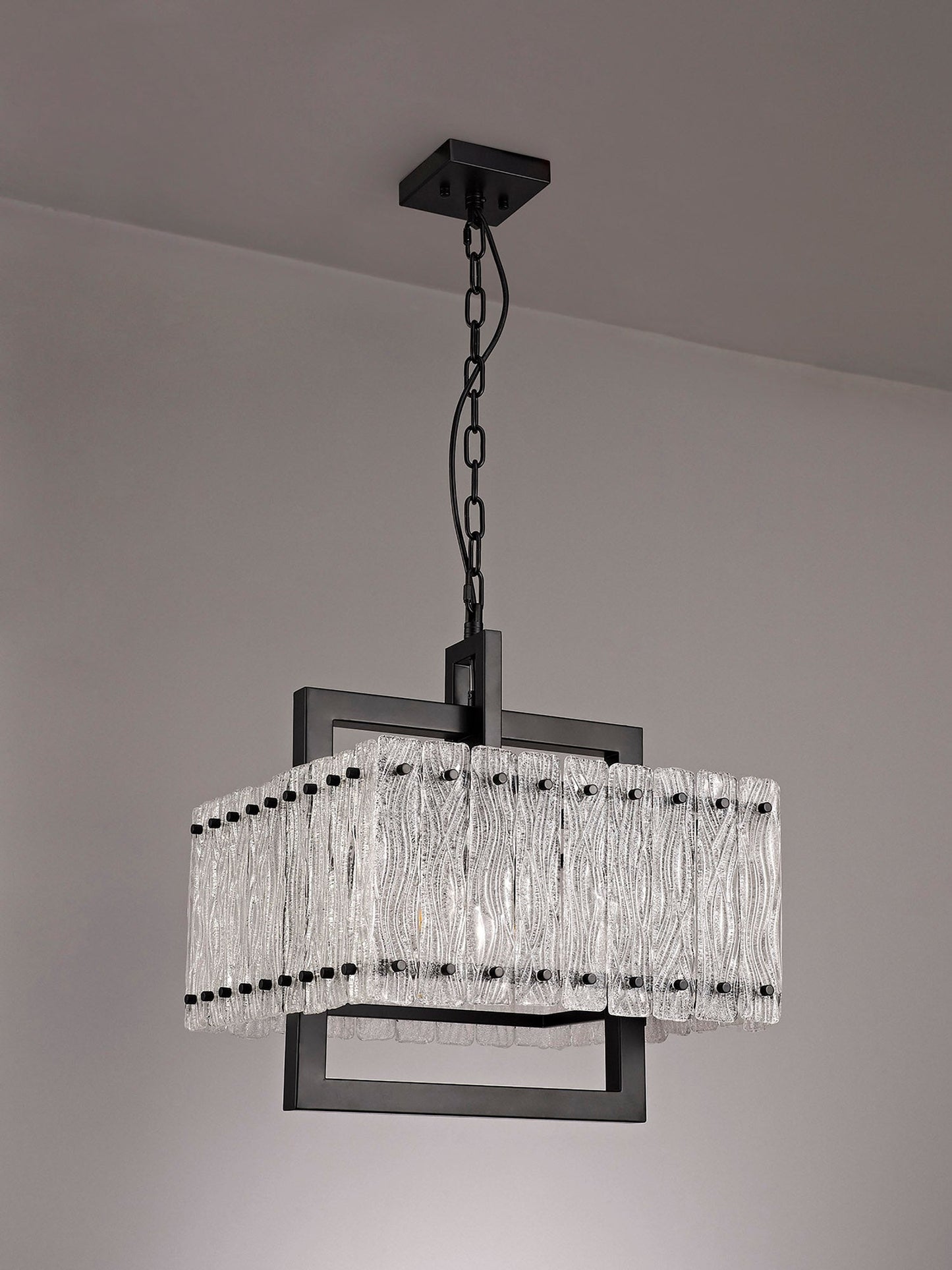 Mobberley Large Square Pendant, 5 Light E27, Matt Black and Crystal Sand Glass
