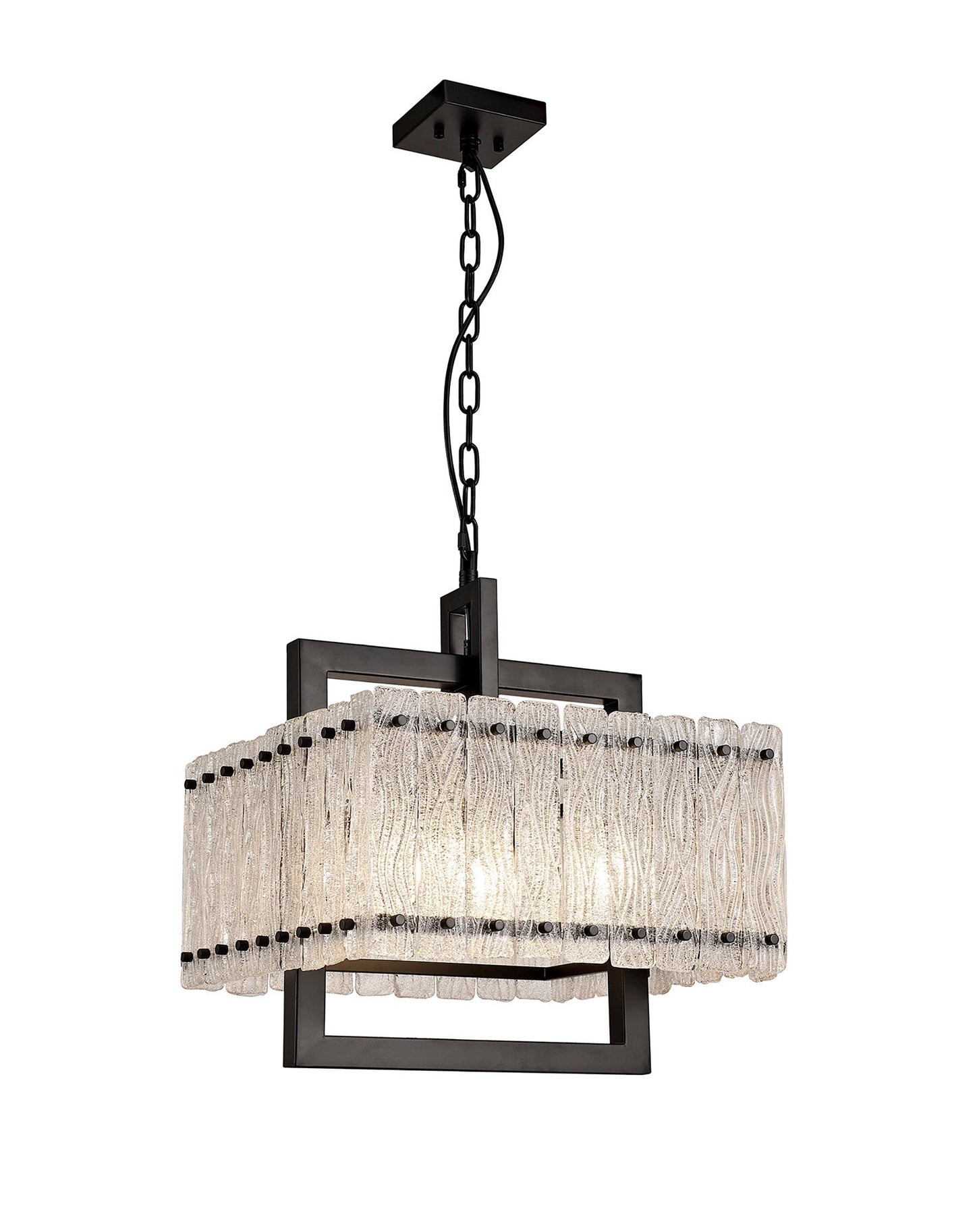 Mobberley Large Square Pendant, 5 Light E27, Matt Black and Crystal Sand Glass