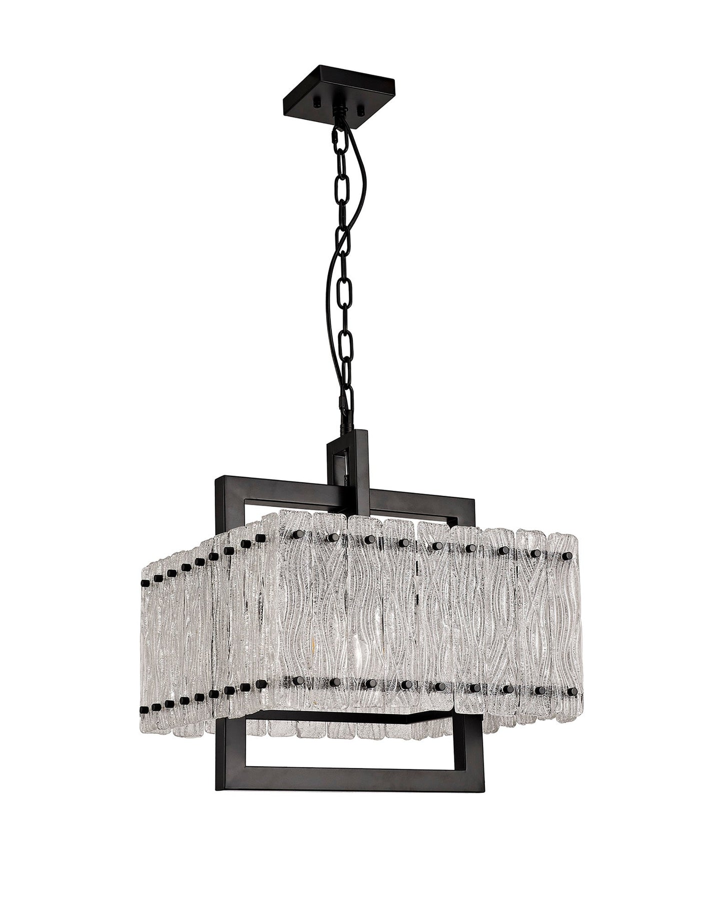 Mobberley Large Square Pendant, 5 Light E27, Matt Black and Crystal Sand Glass