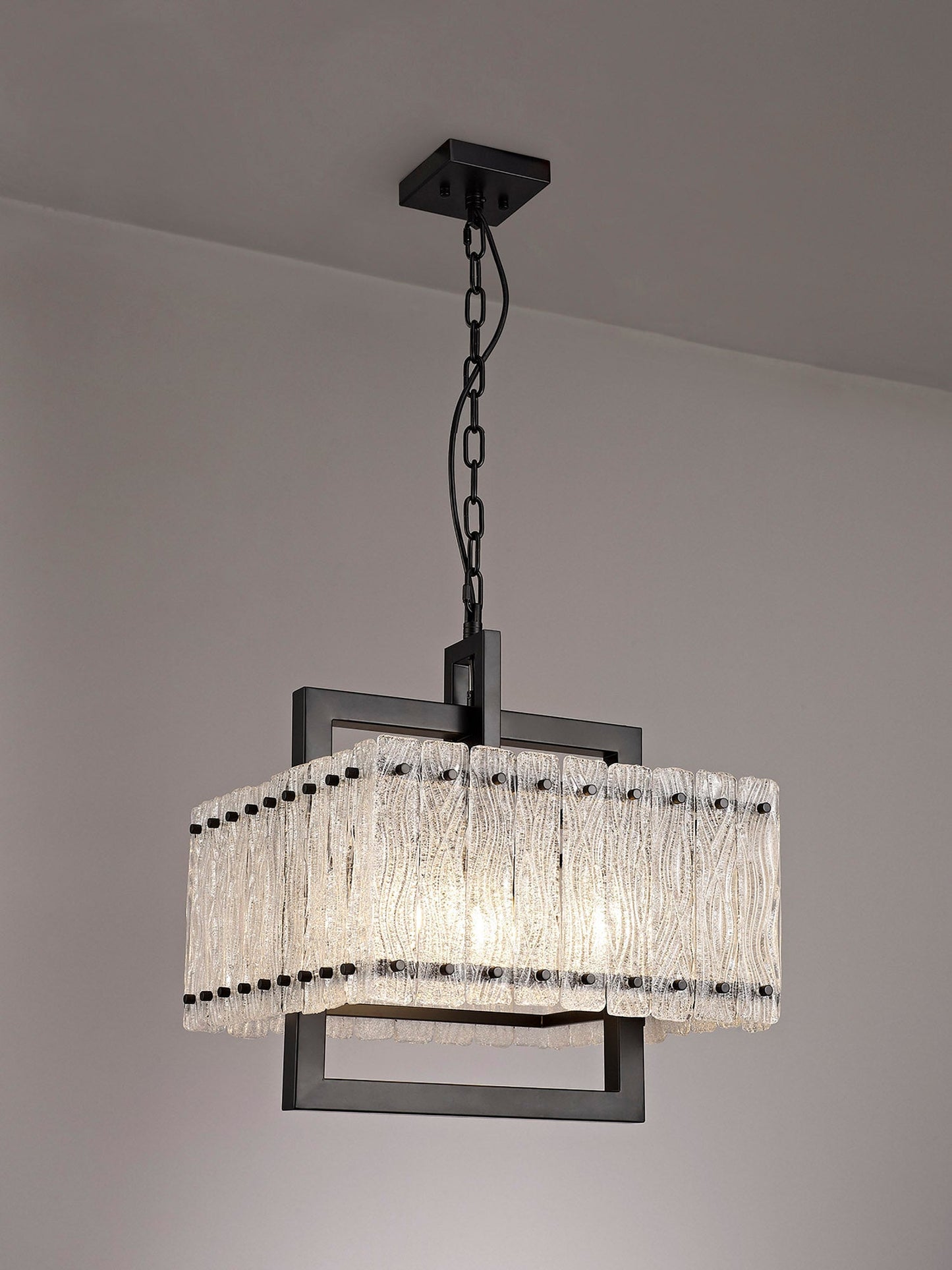 Mobberley Large Square Pendant, 5 Light E27, Matt Black and Crystal Sand Glass