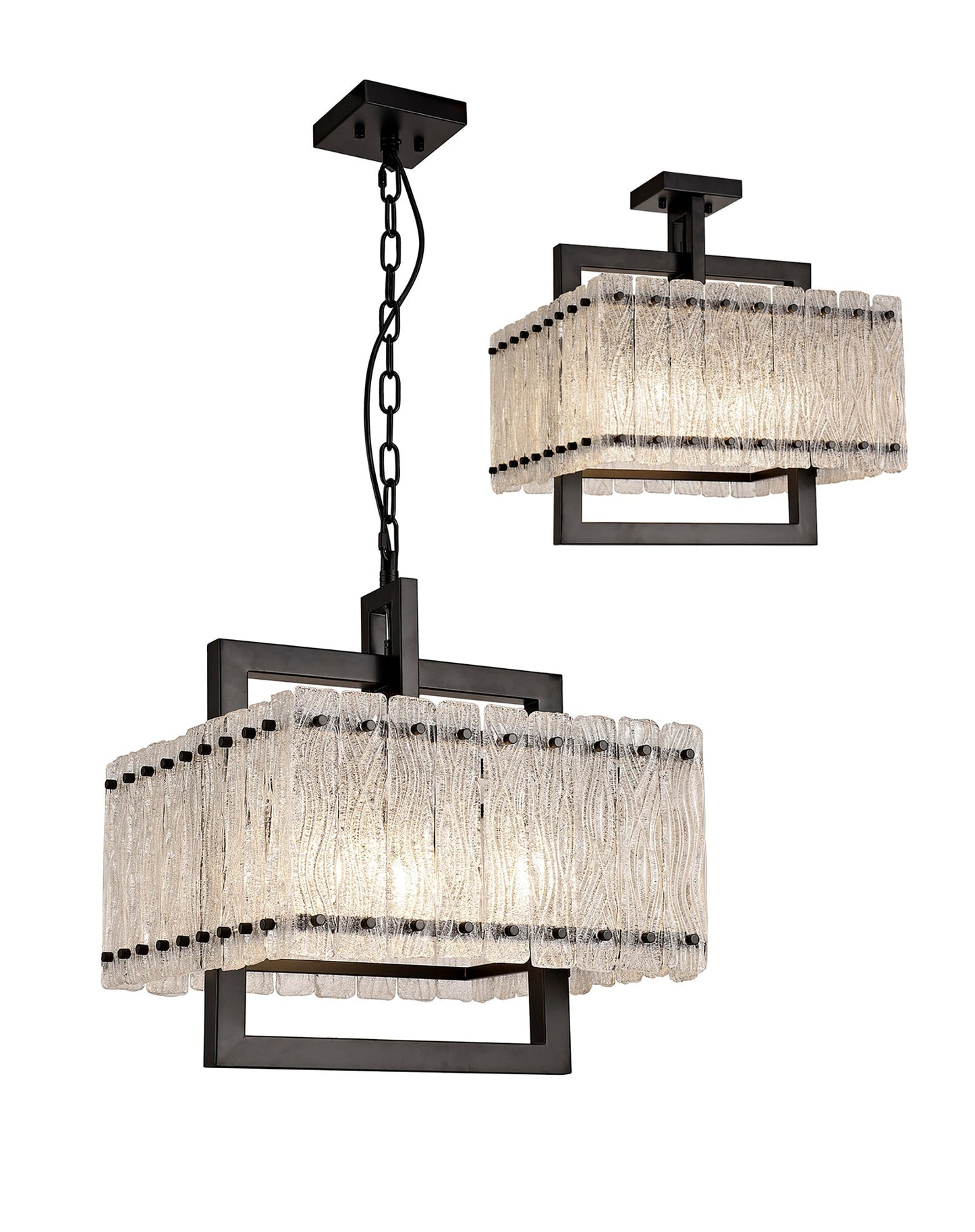 Mobberley Large Square Pendant, 5 Light E27, Matt Black and Crystal Sand Glass