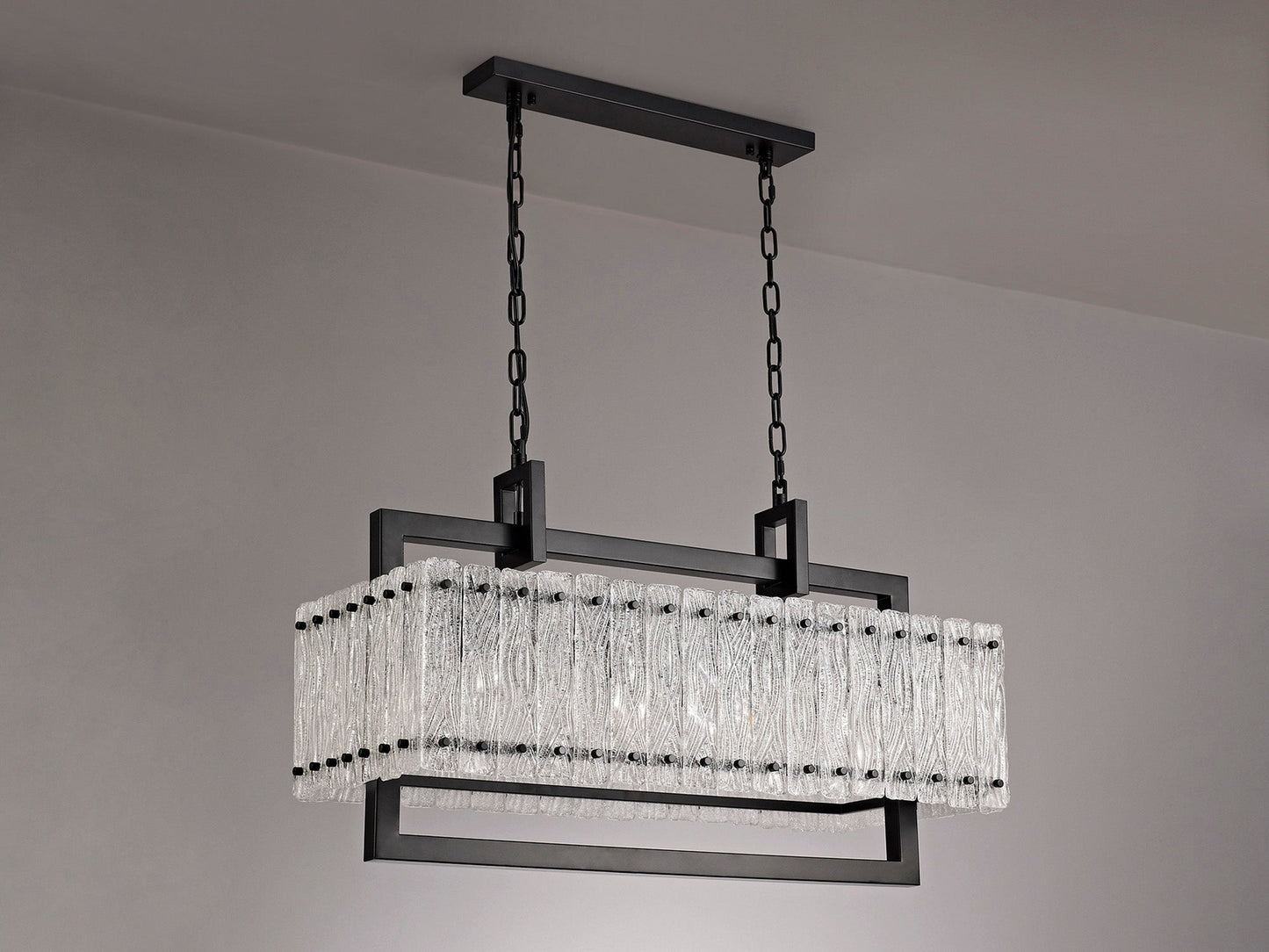Mobberley Medium Linear Pendant, 8 Light E27, Matt Black and Crystal Sand Glass