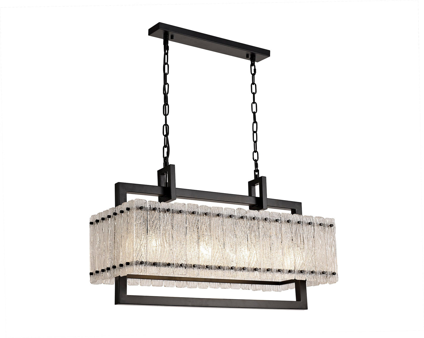 Mobberley Medium Linear Pendant, 8 Light E27, Matt Black and Crystal Sand Glass