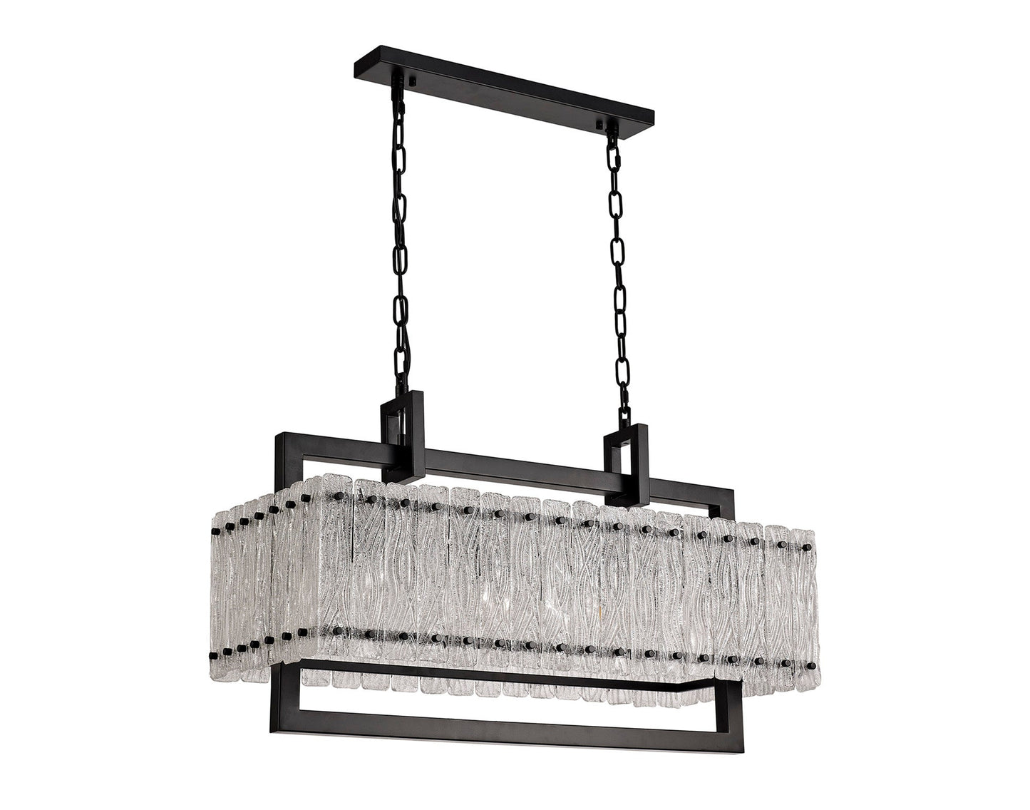 Mobberley Medium Linear Pendant, 8 Light E27, Matt Black and Crystal Sand Glass