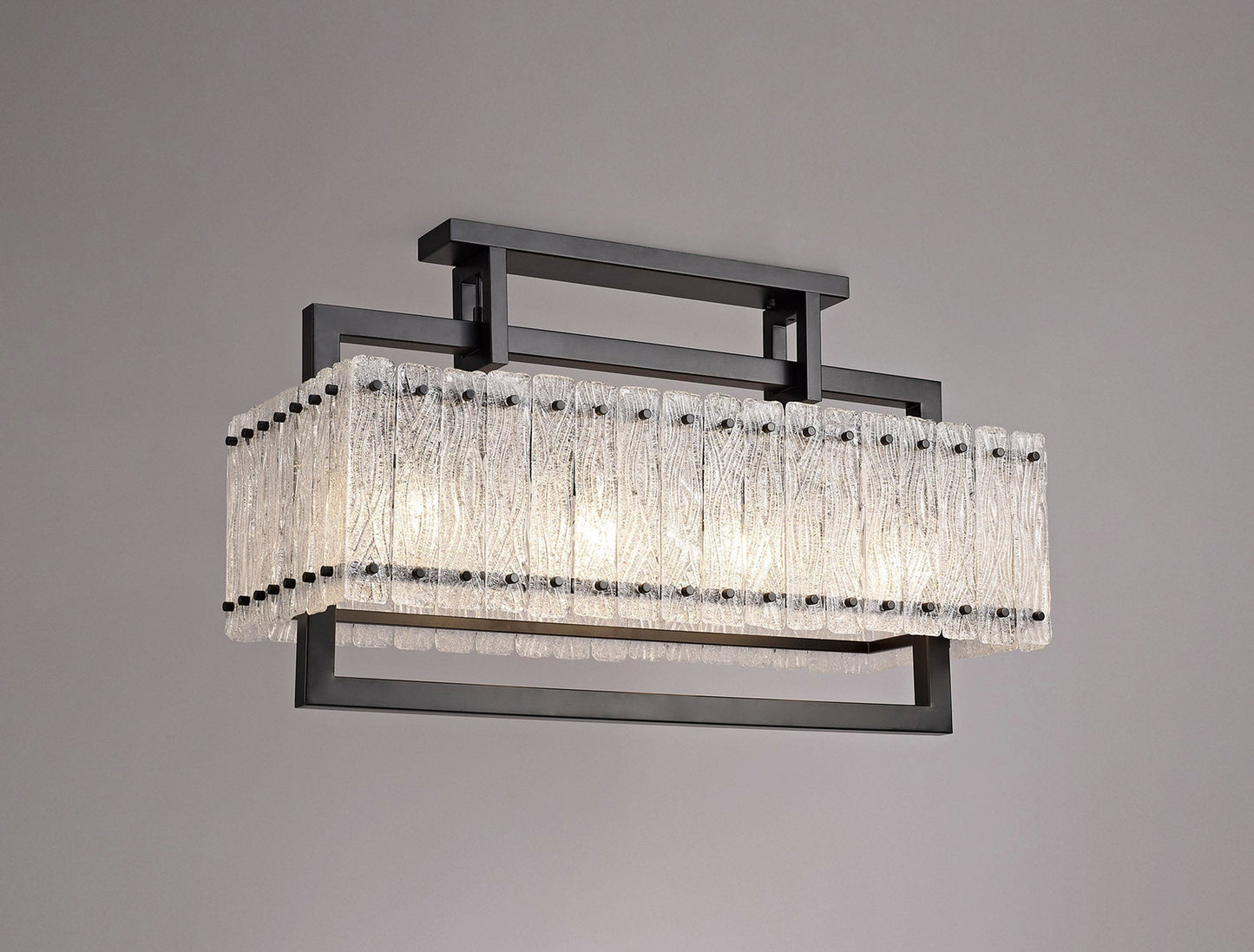 Mobberley Medium Linear Pendant, 8 Light E27, Matt Black and Crystal Sand Glass